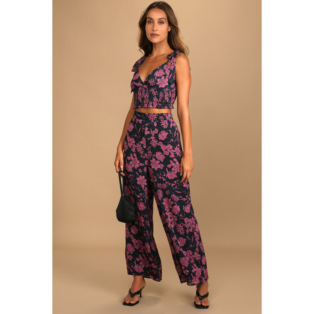 NWT Lulus Touch Of Magic Navy Blue Floral Print Two-piece Jumpsuit - SMALL